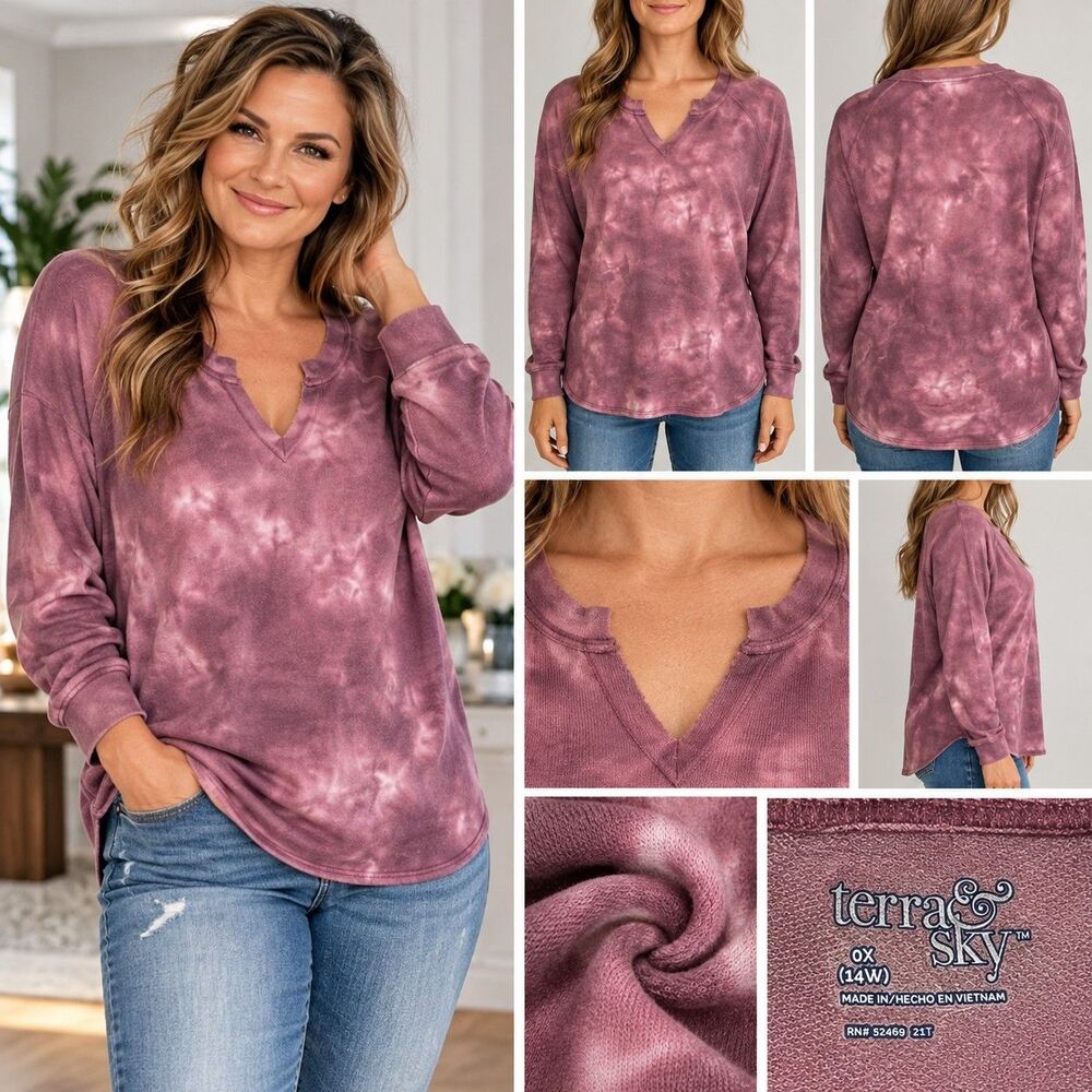 Terra & Sky Women's 0X 14W Tie Dye Textured Pullover Sweatshirt Top Purple